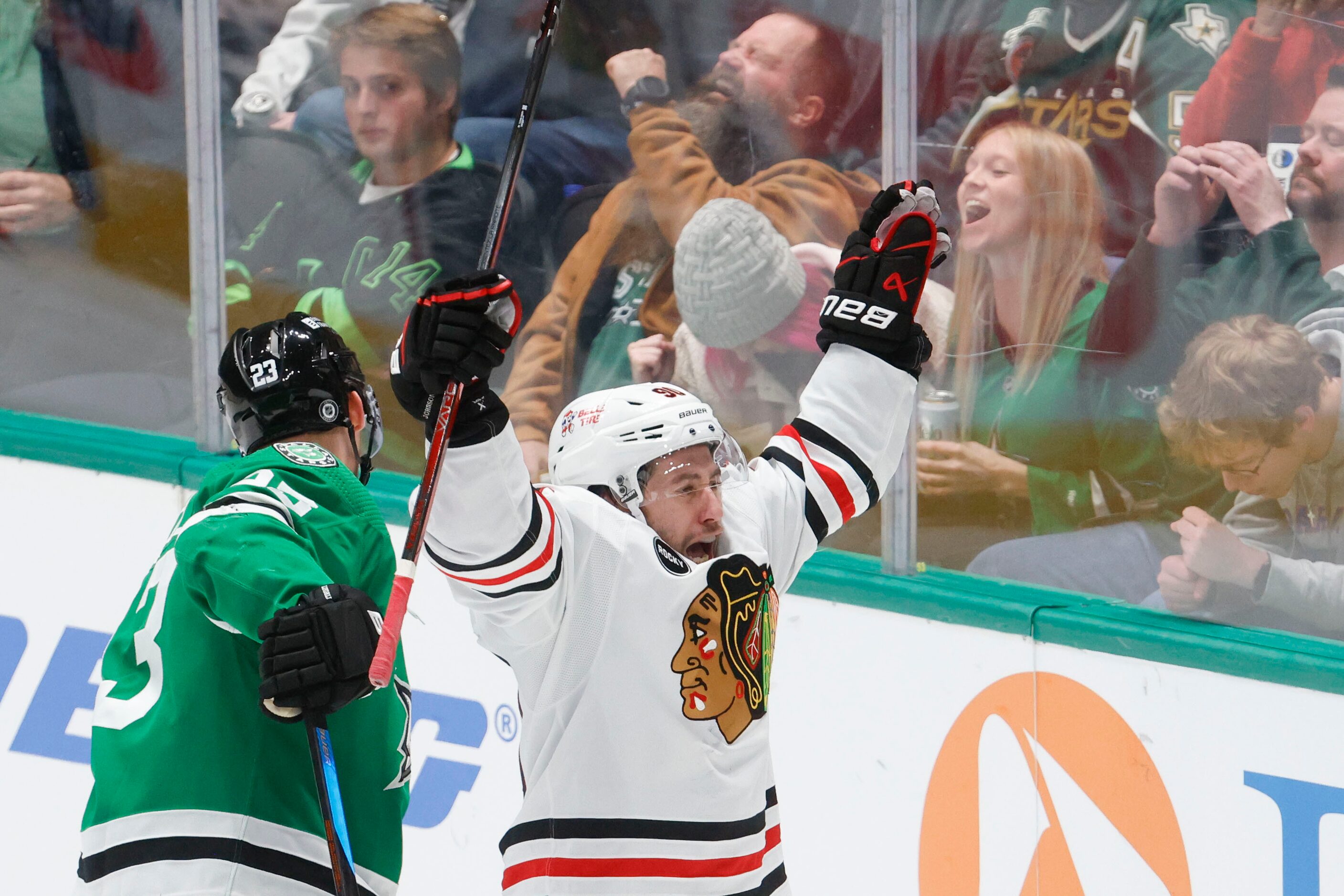 Chicago Blackhawks center Tyler Johnson (90) celebrates his goal against Dallas Stars during...