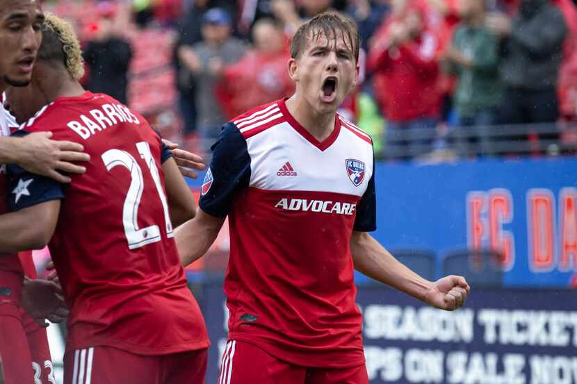 FRISCO, TX - MARCH 23: FC Dallas midfielder Paxton Pomykal (#19) celebrates a first half...