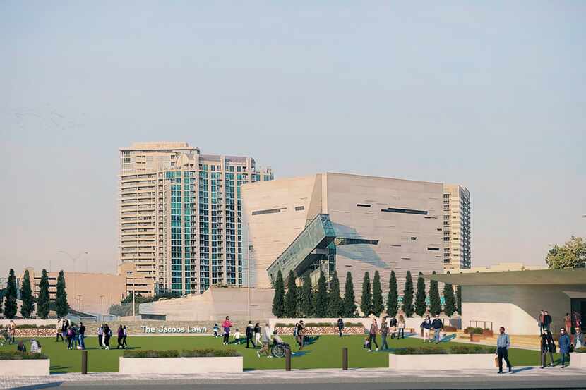 The Jacobs Lawn as viewed conceptually from Akard Street looking west toward the Perot...