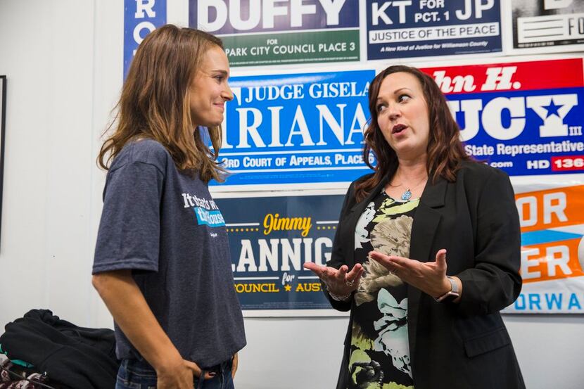 Actress Natalie Portman, left, stops by the office of MJ Hegar, then running for U.S. House,...