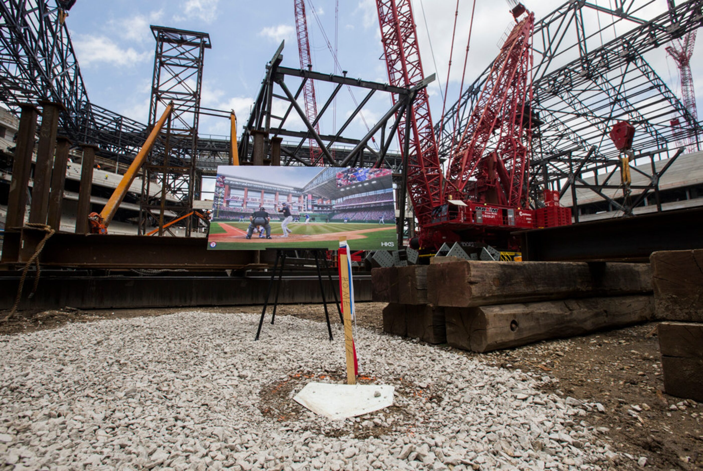 First base is marked on the field amid construction Globe Life Field on Wednesday, June 19,...