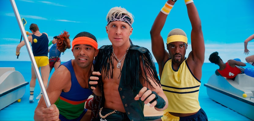 Kingsley Ben-Adir, from left, Ryan Gosling and Ncuti Gatwa appear in a scene from "Barbie."