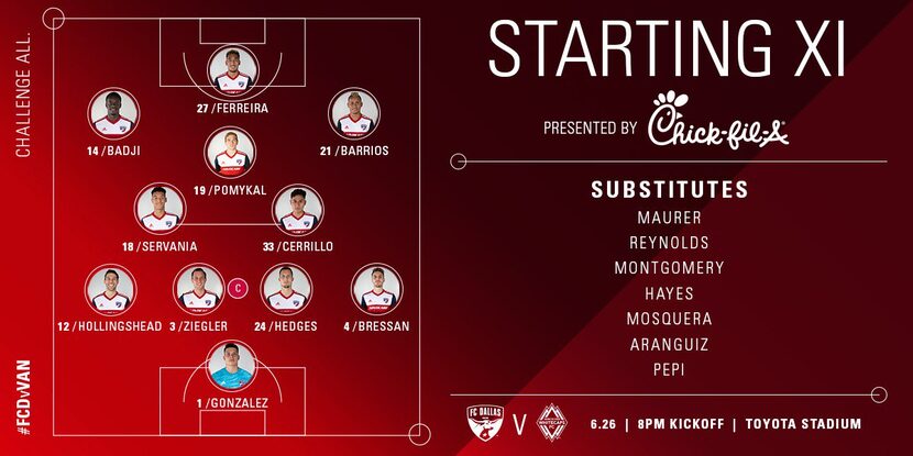 FC Dallas starting XI against Vancouver Whitecaps. (6/26/19)