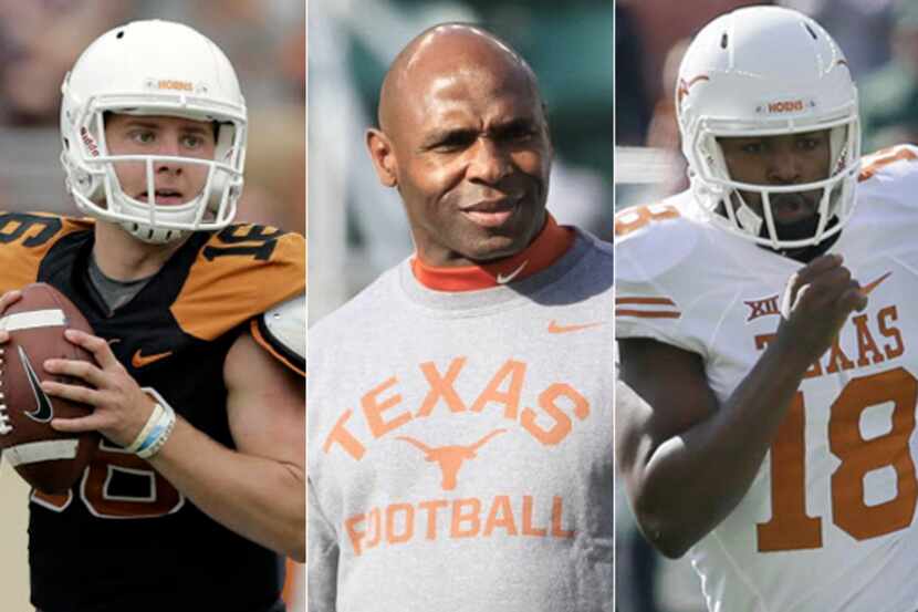 From left to right: Shane Buechele, Charlie Strong, Tyrone Swoopes.
