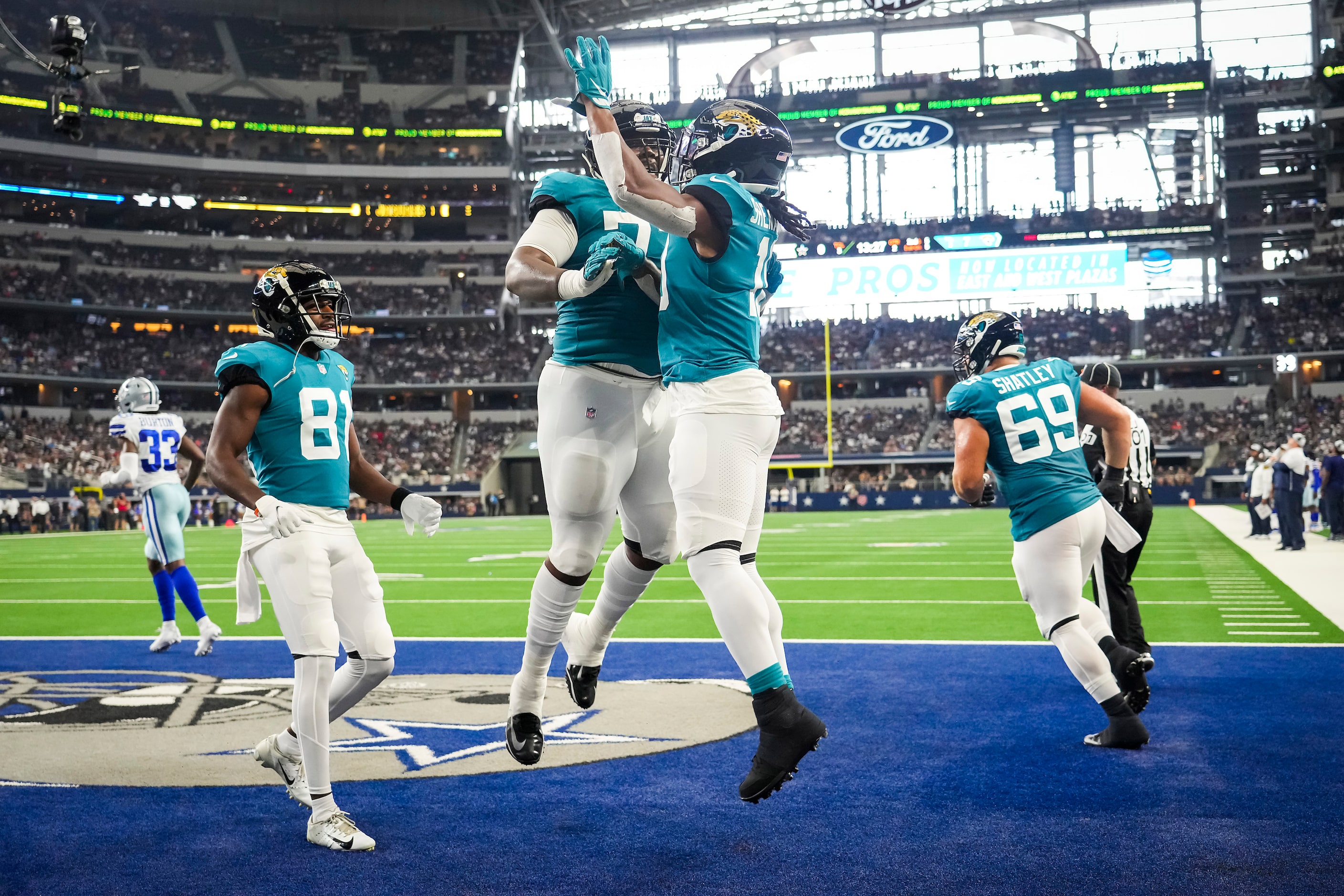 Jacksonville Jaguars wide receiver Laviska Shenault Jr. (10) celebrates with offensive guard...