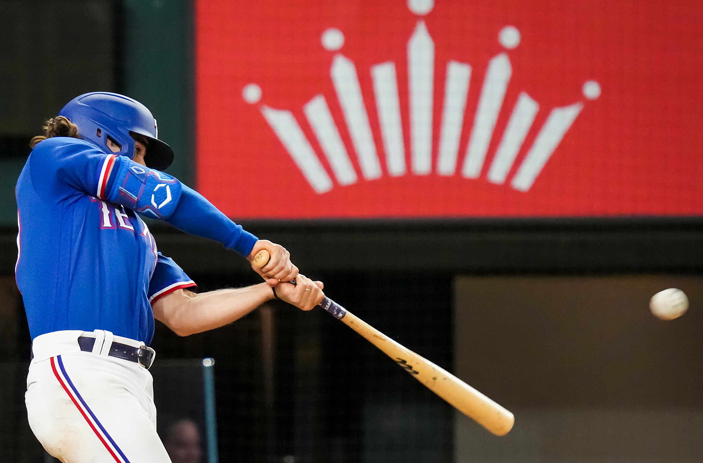 Texas Rangers outfielder Josh Smith drives in two runs with a double during the seventh...