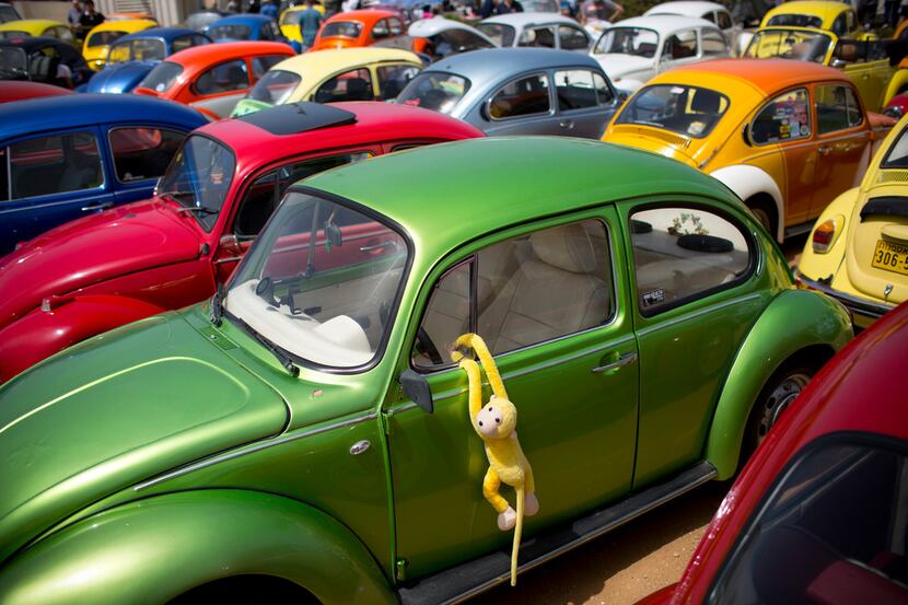 FILE- In this April 21, 2017, file photo Volkswagen Beetles displayed during the annual...