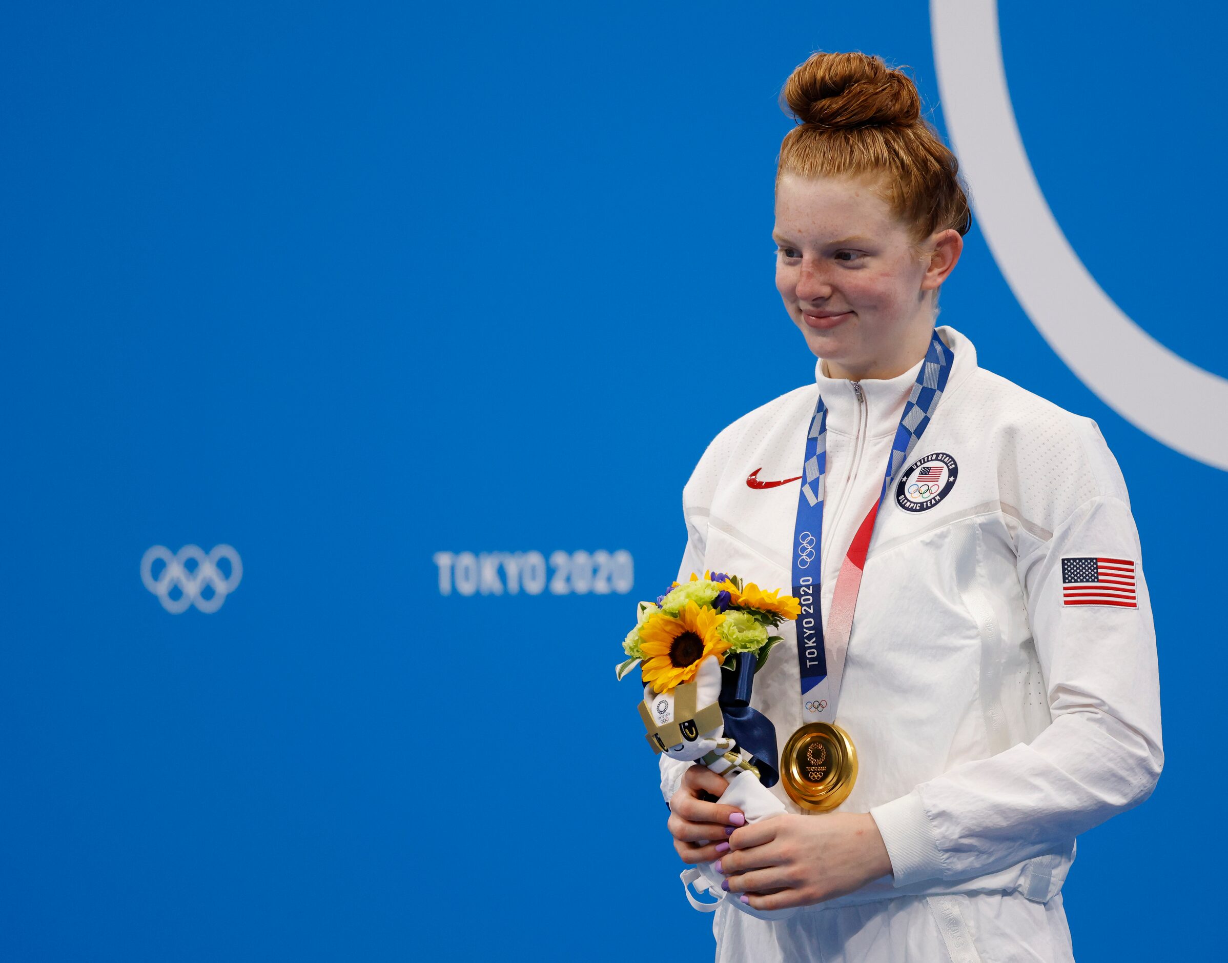 USA’s Lydia Jacoby after receiving her gold medal during the medal ceremony for the women’s...