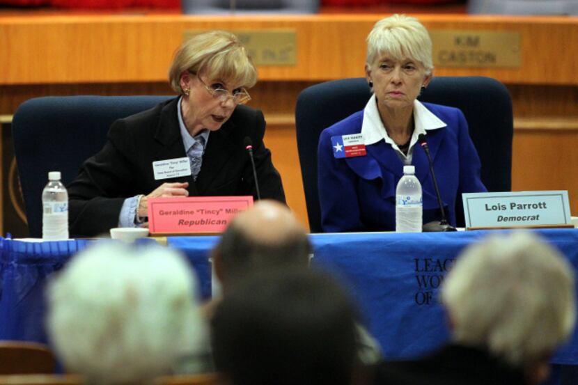 Geraldine "Tincy" Miller (left) and Lois Parrott discussed school vouchers, charter schools...