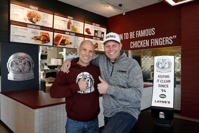 Garrett Reed and Andrew Sidebotham posed for a photo at Layne’s Chicken Fingers in Allen,...