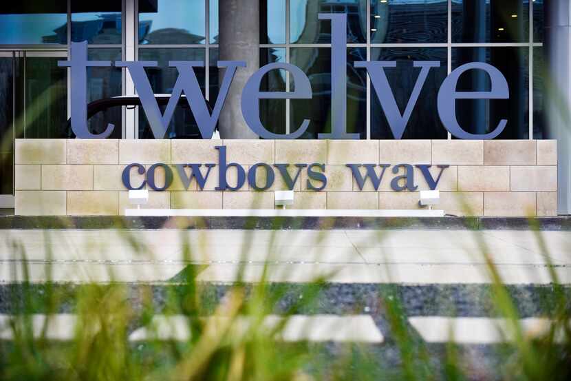 The main sign outside of Twelve Cowboys Way luxury residential tower at the Star in Frisco.