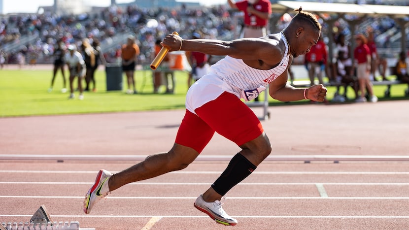 Caden Durham leads off the boys' 4x100-meter relay for Duncanville at the UIL Track & Field...