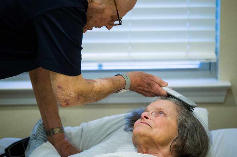Bob Stiegler, 88, brushes his wife Norma's hair on Wednesday, Sept. 5, 2018 at Silverado...