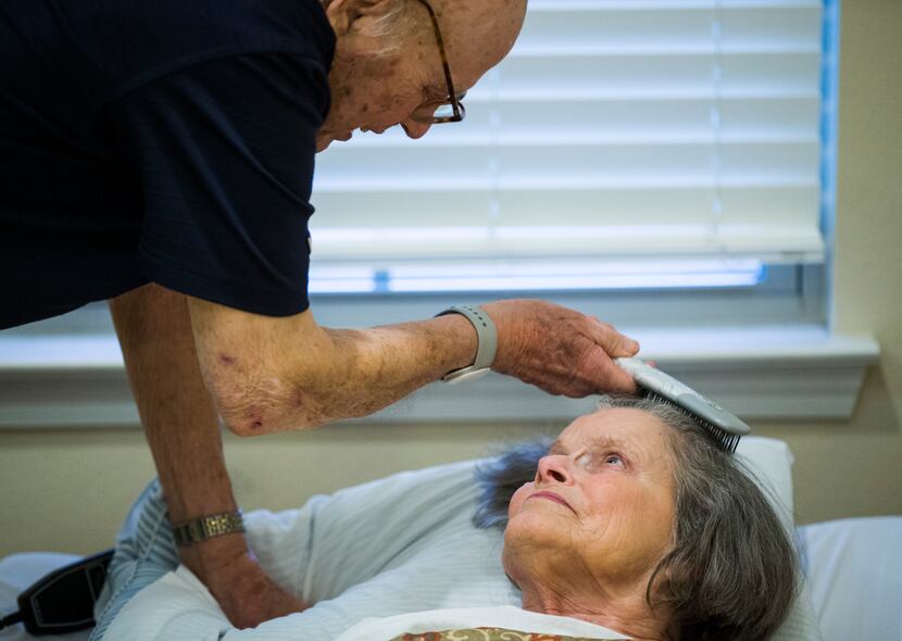 Bob Stiegler, 88, brushes his wife Norma's hair on Wednesday, Sept. 5, 2018 at Silverado...