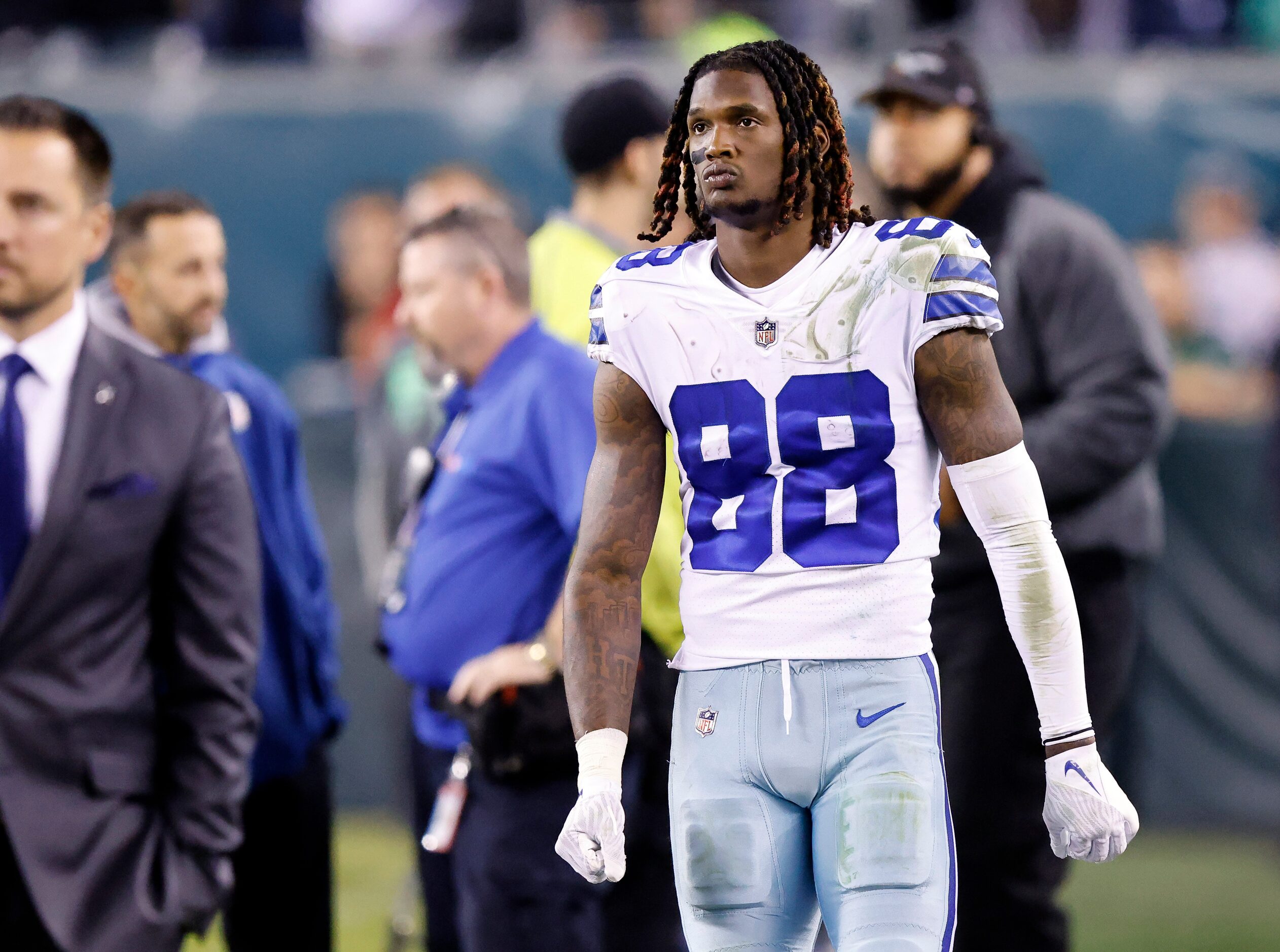 Dallas Cowboys wide receiver CeeDee Lamb (88) paces the sidelines after the Philadelphia...