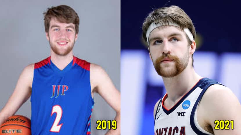 Drew Timme with Richardson Pearce in 2019 (left) and Gonzaga in 2021.