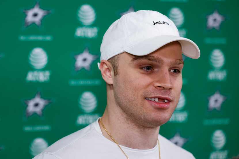 Dallas Stars center Max Domi speaks during Dallas Stars season wrap news conference on...