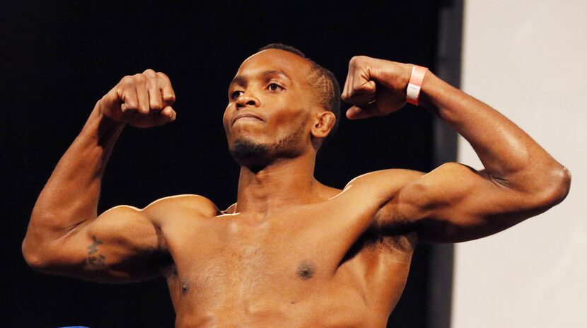 Welterweight Sean Spencer poses during UFC weigh-ins at Gilley's in Dallas for Saturday's...