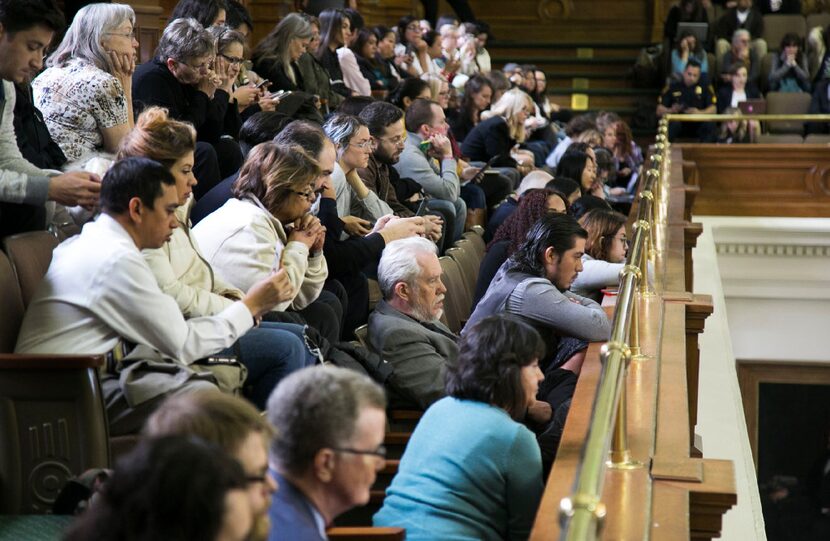 People fill the gallery at the Texas Capitol for a hearing in the Texas Senate on a bill to...