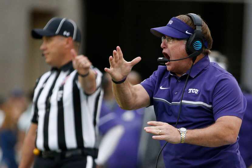 TCU coach Gary Patterson yells during their game against Baylor Bears at McLane Stadium in...