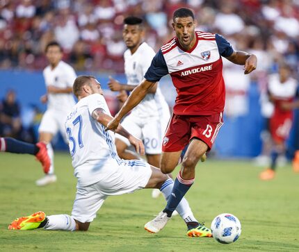 FRISCO, TX - AUGUST 04: FC Dallas forward Tesho Akindele (#13) dribbles around San Jose...