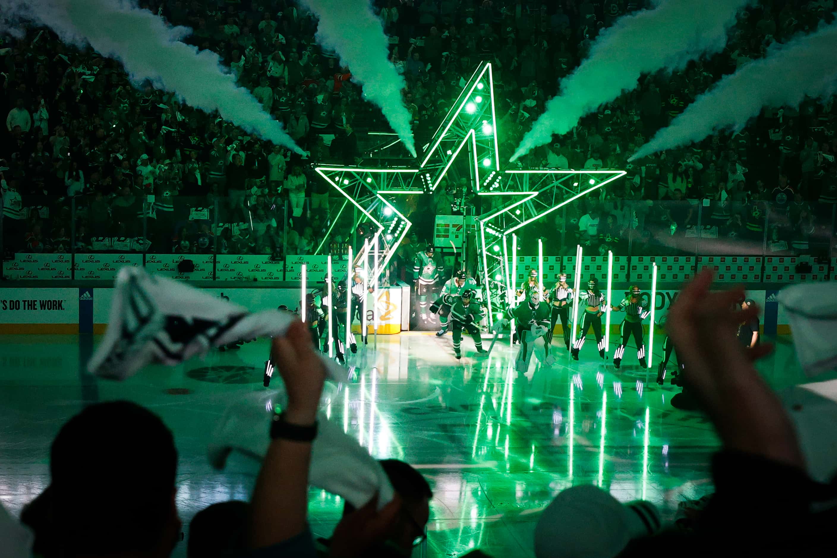Dallas Stars players take the ice before Game 1 of the NHL hockey Stanley Cup Western...
