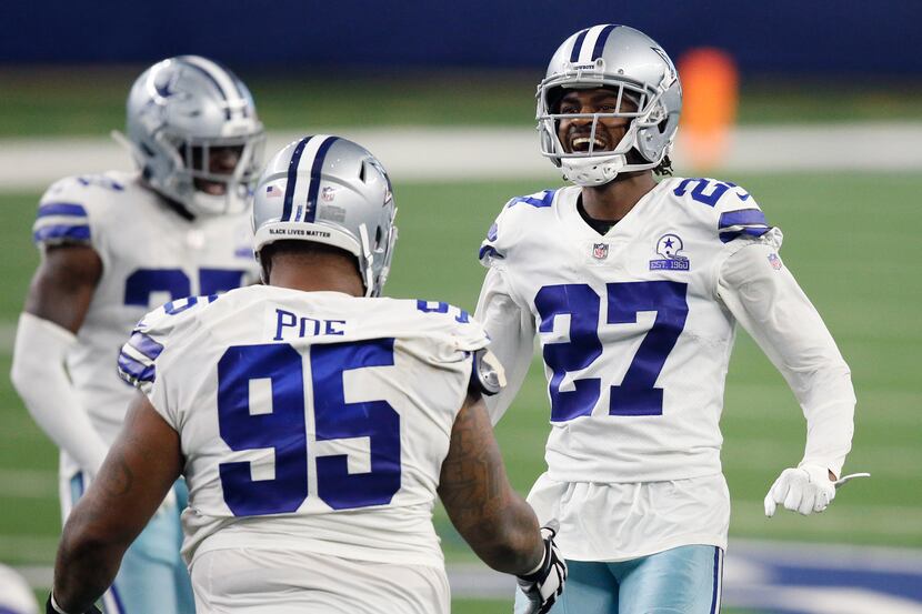 Dallas Cowboys cornerback Trevon Diggs (27) is excited about his fourth quarter stop of the...