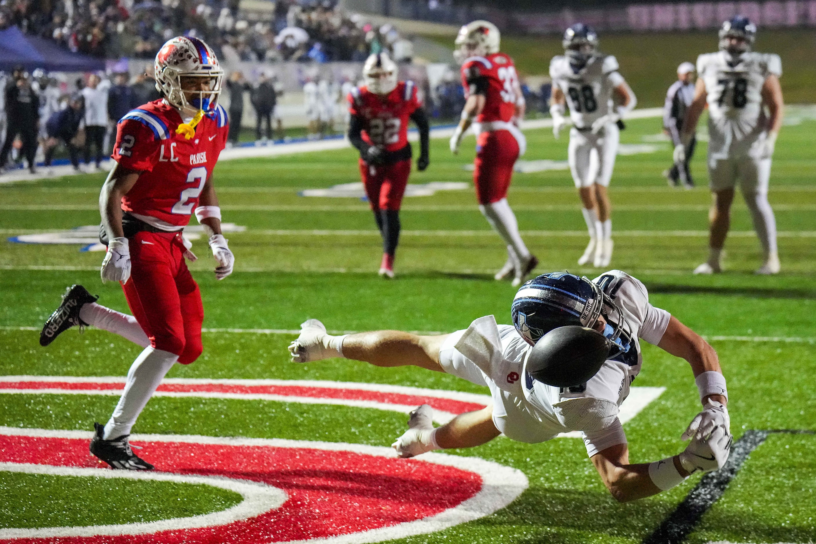 Argyle Liberty Christian wide receiver Brady Janusek (10) can’t make a catch in the end zone...