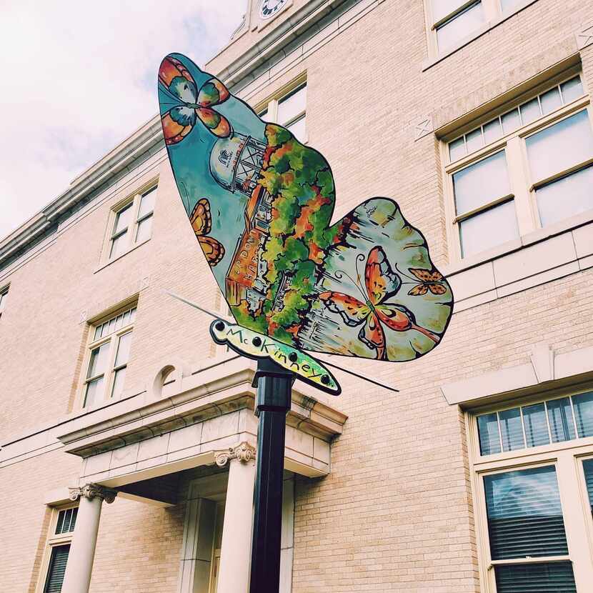 One of eight steel butterfly sculptures placed around the downtown McKinney area is shown....