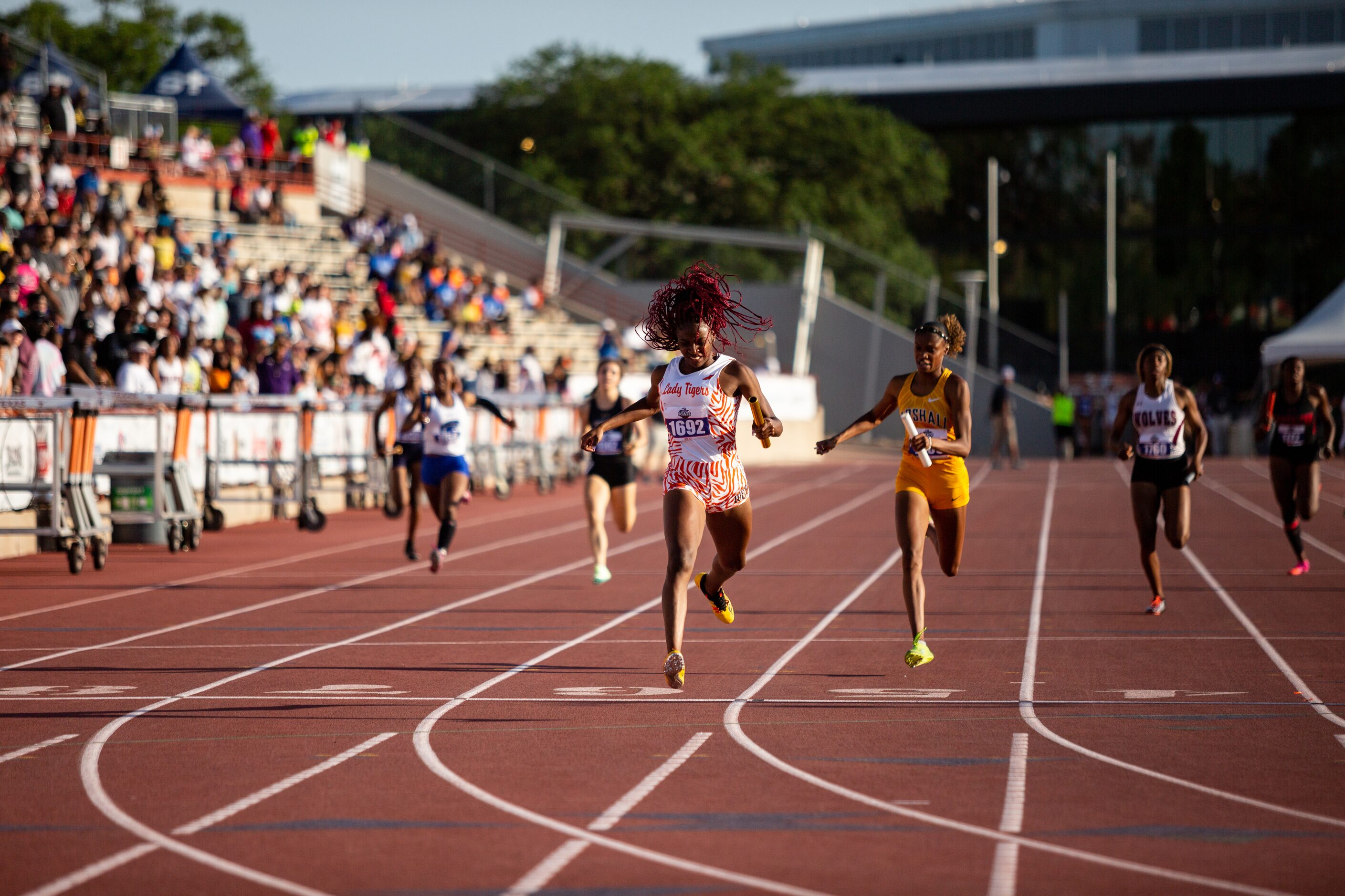 Lancaster’s Kelaiah Daniyan crosses the finish line during the girls’ 4x200 relay final at...