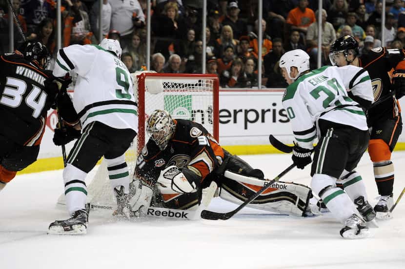 Apr 18, 2014; Anaheim, CA, USA; Anaheim Ducks goalie Frederik Andersen (31) blocks a shot...