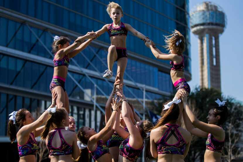 The Illinois Allstars cheerleading team of Addison, Illinois practices for the National...