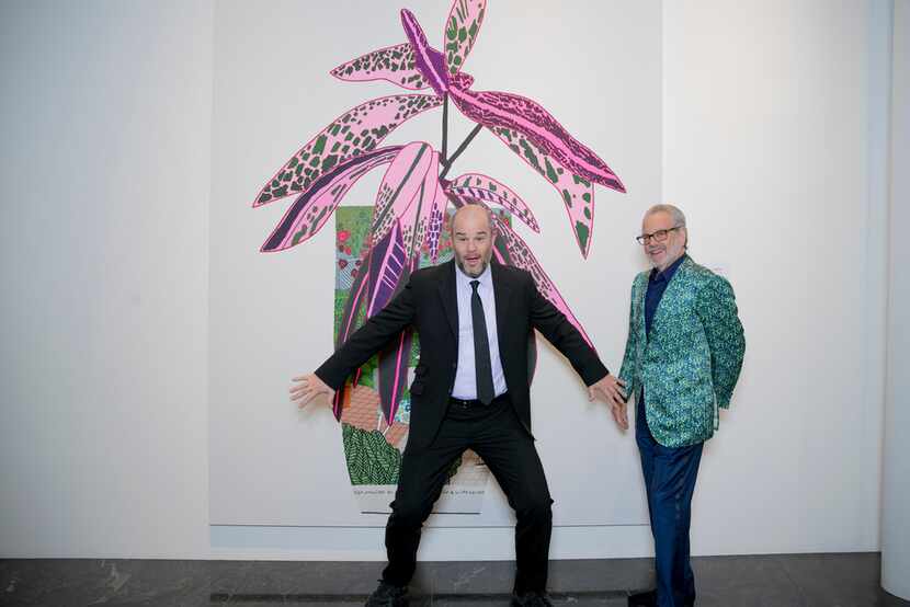 Jonas Wood poses in front of one of his pieces with Dallas arts patron Howard Rachofsky. 