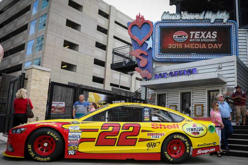 NASCAR driver Joey Logano's #22 Shell Gas / Pennzoil Ford Fusion race car is displayed...