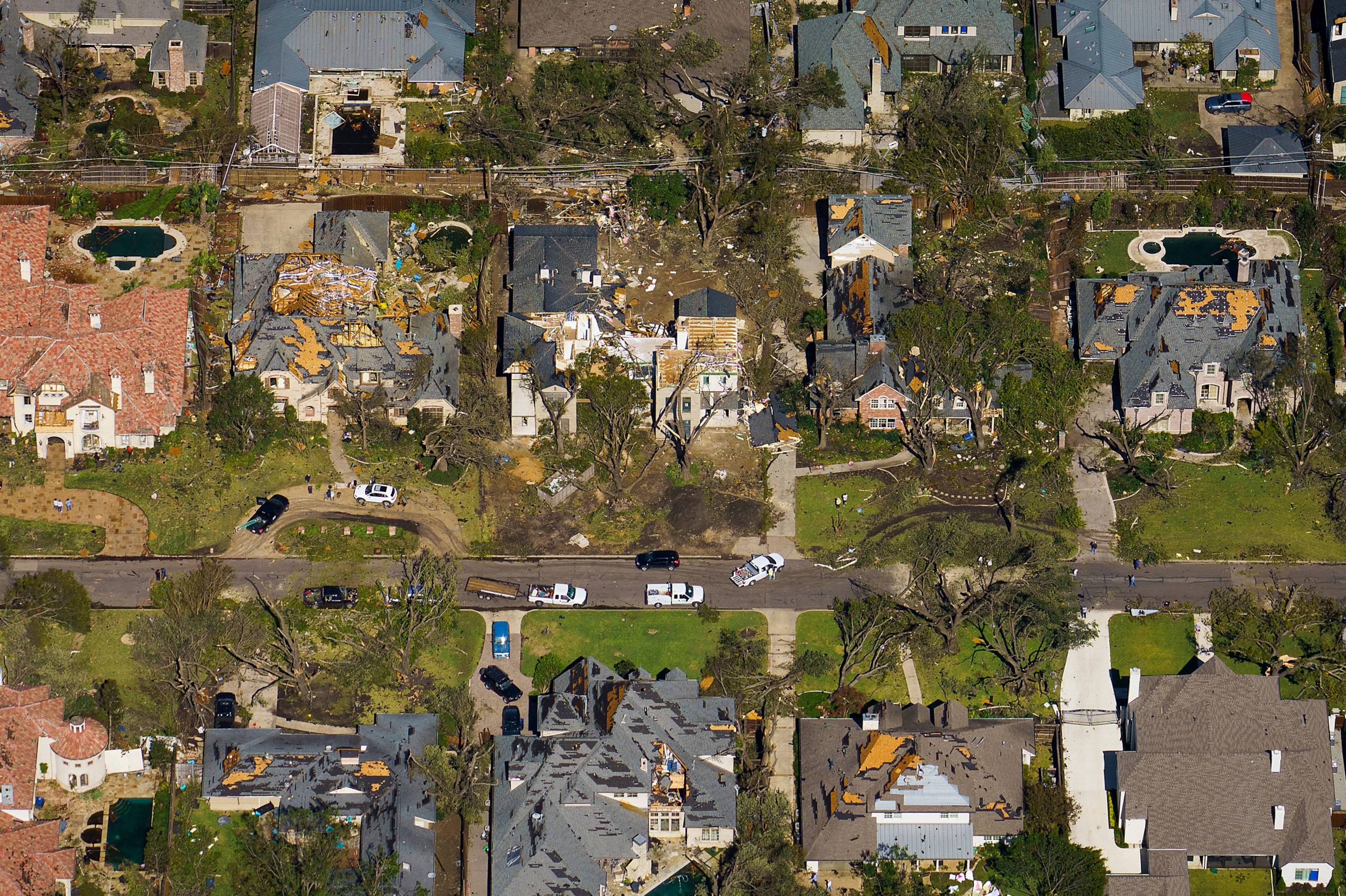 Damaged homes just south of Royal Lane and just west of Hillcrest Road is seen in aerial...