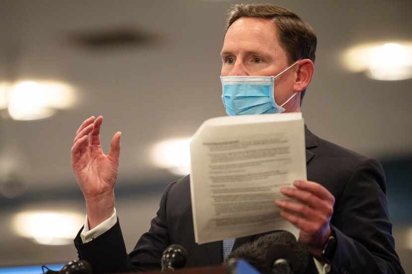 Dallas County Judge Clay Jenkins conducts a press conference about COVID-19 vaccine...