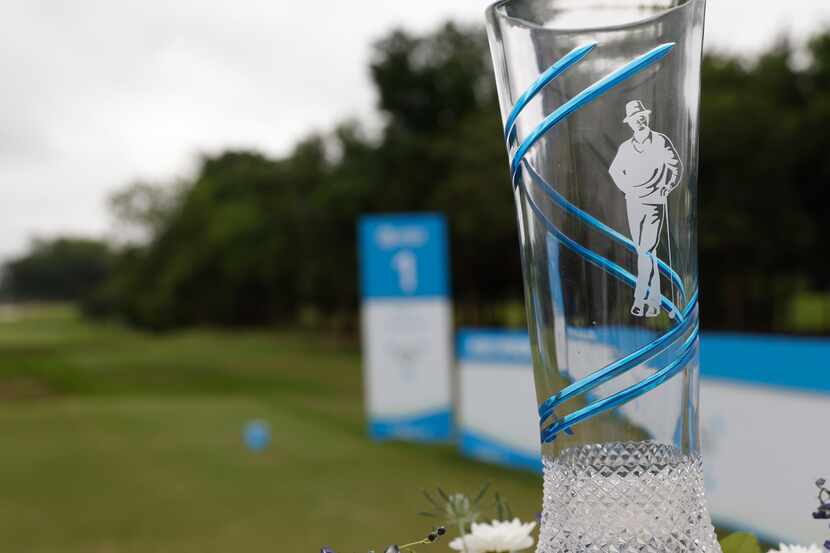 The AT&T Byron Nelson tournament trophy sat at the tee box of the first hole during Round 4...