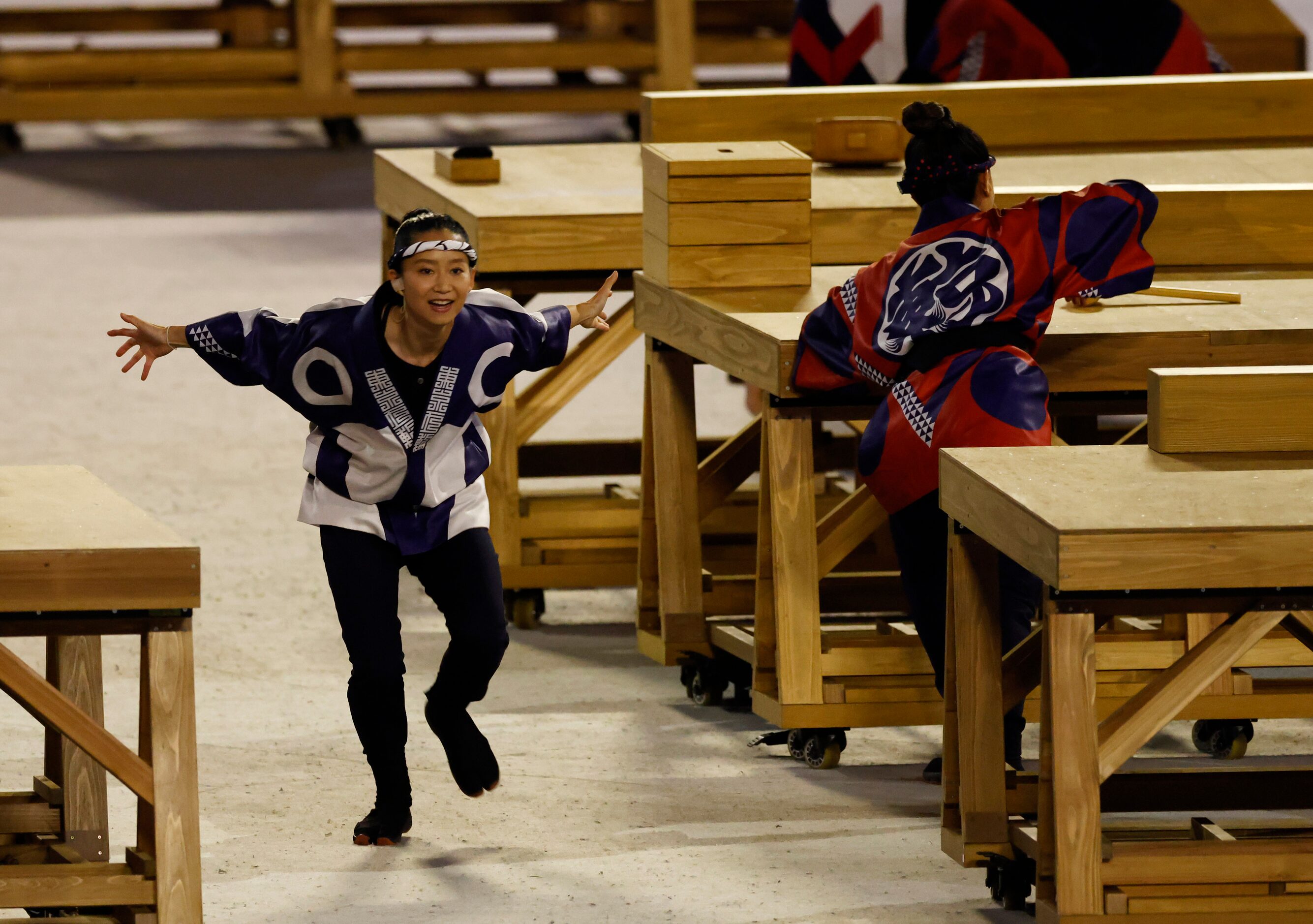 Dancers performs during the opening ceremony for the postponed 2020 Tokyo Olympics at...