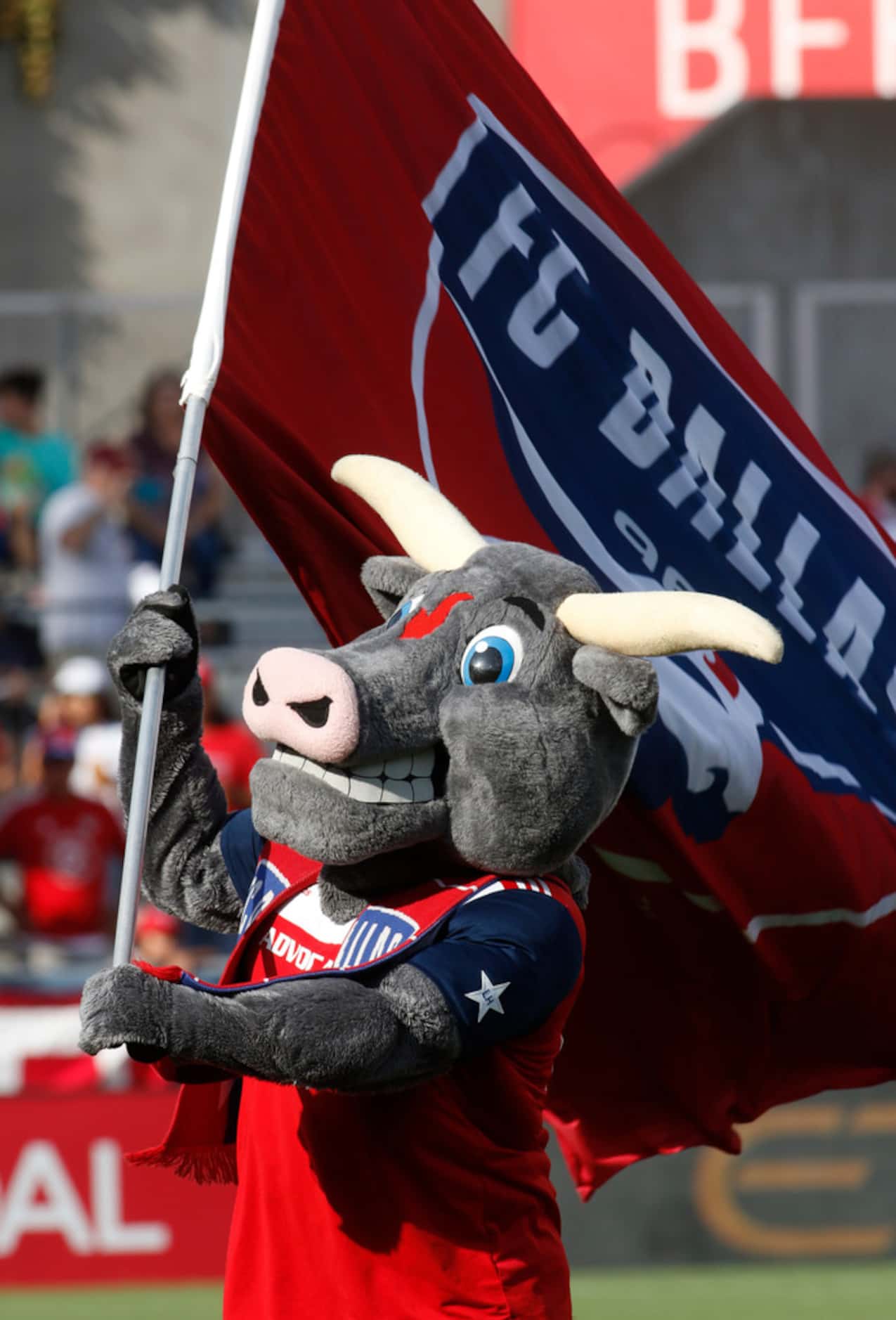 Hooper, the official mascot for FC Dallas, waves the team's flag at midfield before the...