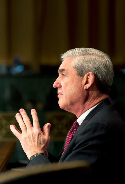 A portrait of then FBI Director Robert Mueller as he addressed the Senate Judiciary...