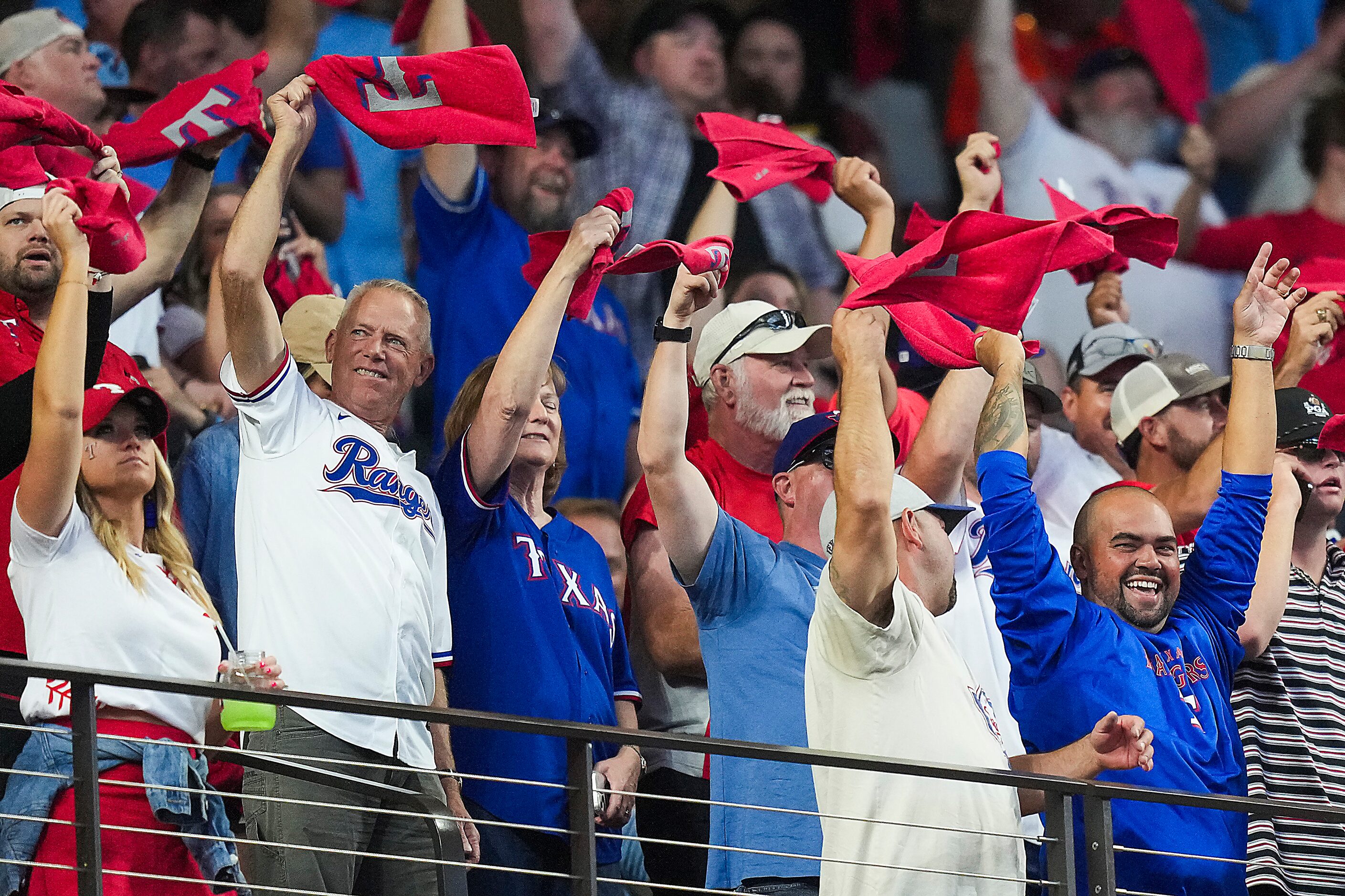 Texas Rangers fans cheer before Game 5 of the American League Championship Series against...