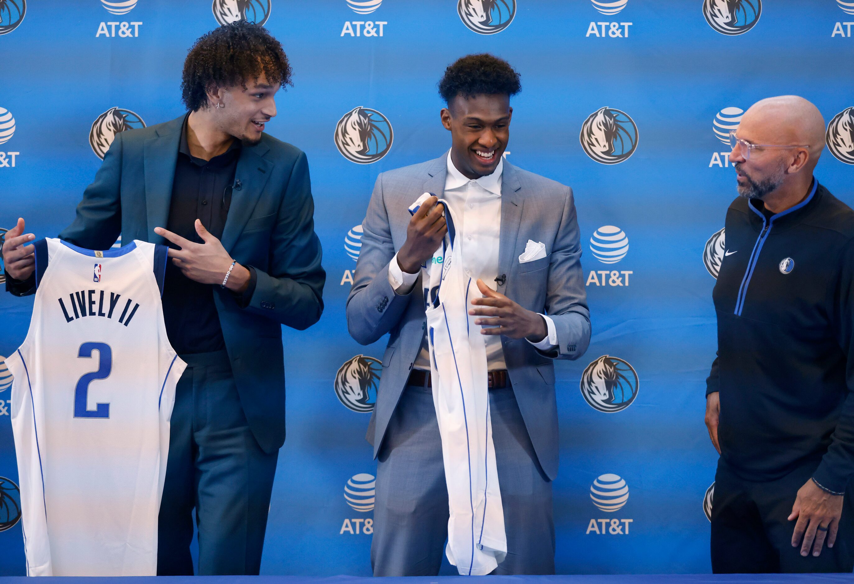 Newly drafted Dallas Mavericks players Dereck Lively II of Duke and Olivier-Maxence Prosper...