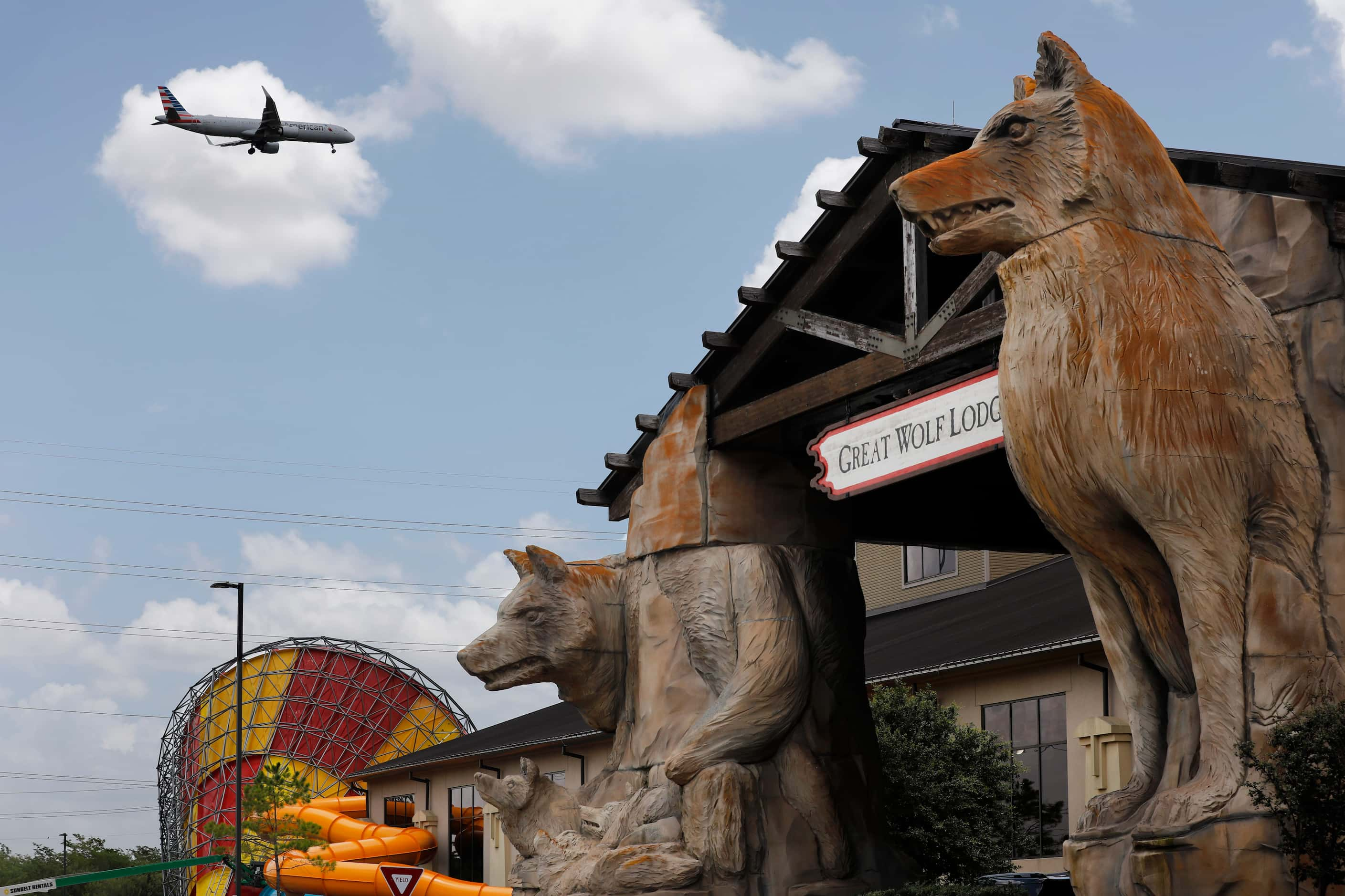 An exterior view of the Great Wolf Lodge waterpark front entrance in Grapevine, Texas, June...