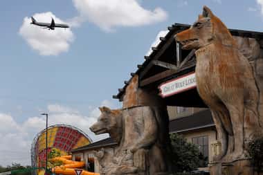 An exterior view of the Great Wolf Lodge waterpark front entrance in Grapevine, Texas, June...