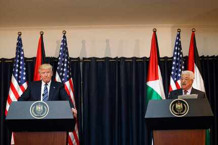 In this May 23, 2017 file photo, President Donald Trump listens as Palestinian President...