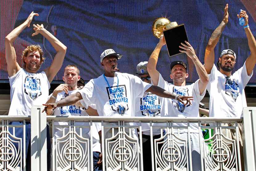  June 16, 2011--Dallas Mavericks Dirk Nowitzki, JJ Barea, Jason Terry, Jason Kidd, and Tyson...