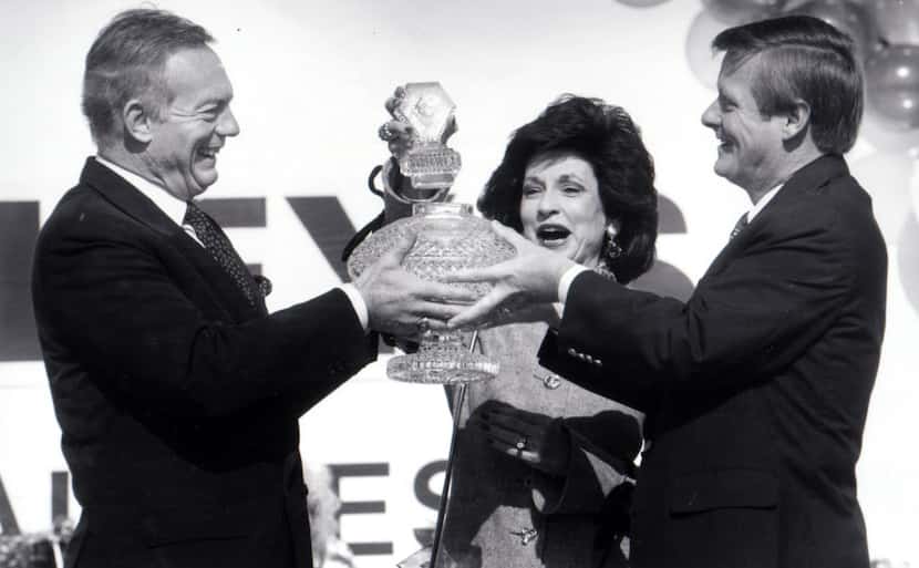 February 13, 1993 - From left: Dallas Cowboys owner Jerry Jones, his wife, Gene, and Dallas...