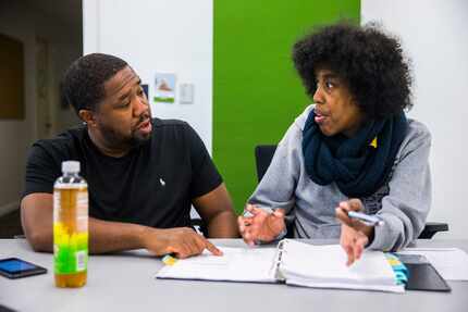 Dallas playwright Jonathan Norton, right, and director Derrick Sanders work on 'Penny...