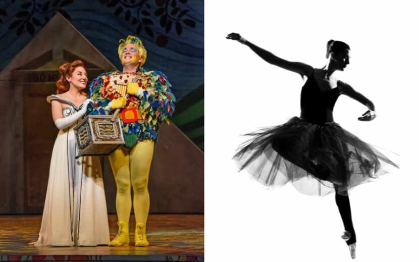 Left: A performance of The Magic Flute with two people in Victorian era costumes.
Right: a...