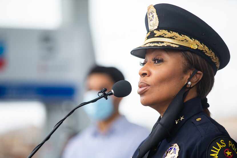Police Chief U. Reneé Hall speaks at a Chevron station at 9791 Forest Lane about the...